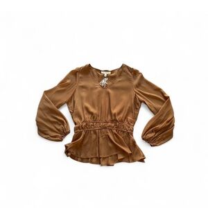 💜Grade & Gather Long Sleeve V-Neck Peplum Blouse – Flowy Gathered Waist Top